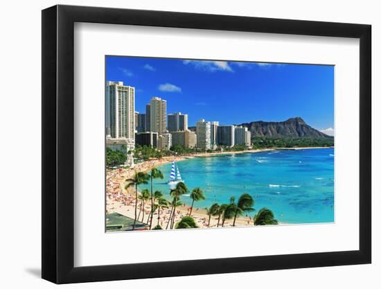 Palm trees on the beach, Diamond Head, Waikiki Beach, Oahu, Honolulu, Hawaii, USA-null-Framed Photographic Print