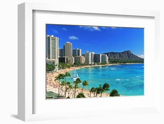 Palm trees on the beach, Diamond Head, Waikiki Beach, Oahu, Honolulu, Hawaii, USA-null-Framed Photographic Print