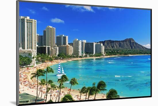 Palm trees on the beach, Diamond Head, Waikiki Beach, Oahu, Honolulu, Hawaii, USA-null-Mounted Photographic Print