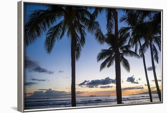 Palm Trees on Waikiki Beach, Oahu, Hawaii, United States of America, Pacific-Michael-Framed Photographic Print