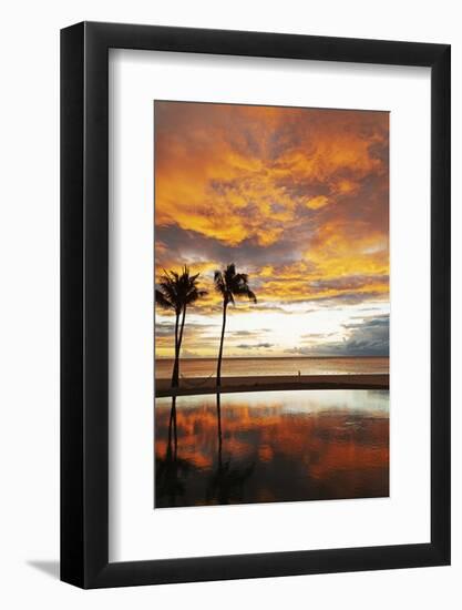 Palm trees silhouetted against red clouds during sunset over a beach at Flic en Flac-Stuart Forster-Framed Photographic Print