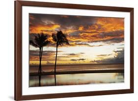 Palm trees silhouetted against red clouds during sunset over a beach at Flic en Flac-Stuart Forster-Framed Photographic Print