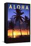 Palms and Sunset - Aloha-Lantern Press-Framed Stretched Canvas