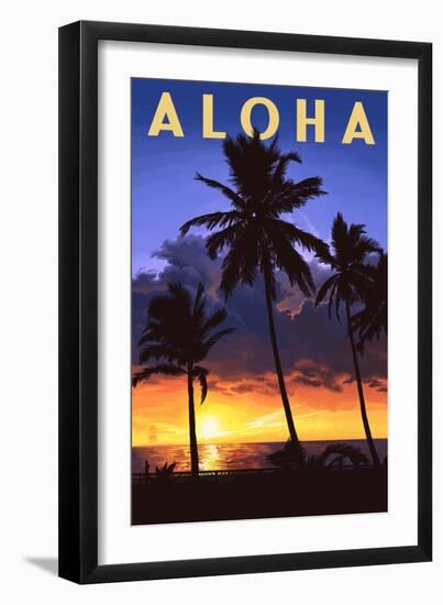 Palms and Sunset - Aloha-Lantern Press-Framed Art Print