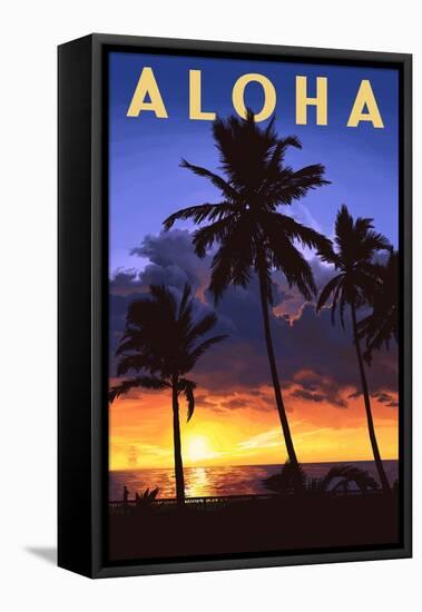 Palms and Sunset - Aloha-Lantern Press-Framed Stretched Canvas