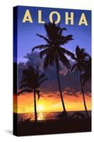 Palms and Sunset - Aloha-Lantern Press-Stretched Canvas