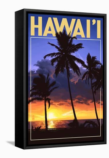 Palms and Sunset - Hawaii-Lantern Press-Framed Stretched Canvas