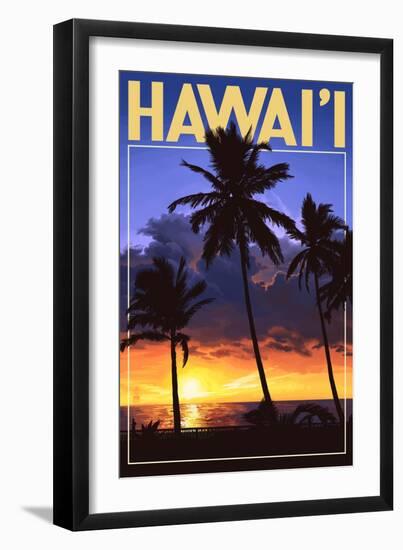 Palms and Sunset - Hawaii-Lantern Press-Framed Art Print