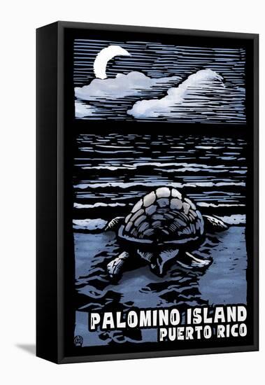 Palomino Island, Puerto Rico - Sea Turtle on Beach - Scratchboard-Lantern Press-Framed Stretched Canvas