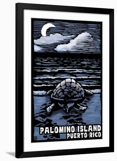 Palomino Island, Puerto Rico - Sea Turtle on Beach - Scratchboard-Lantern Press-Framed Art Print