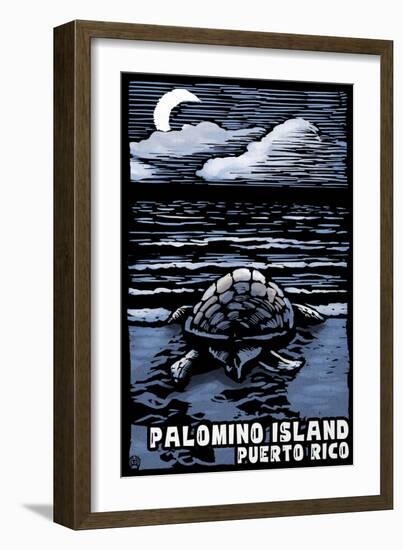 Palomino Island, Puerto Rico - Sea Turtle on Beach - Scratchboard-Lantern Press-Framed Art Print