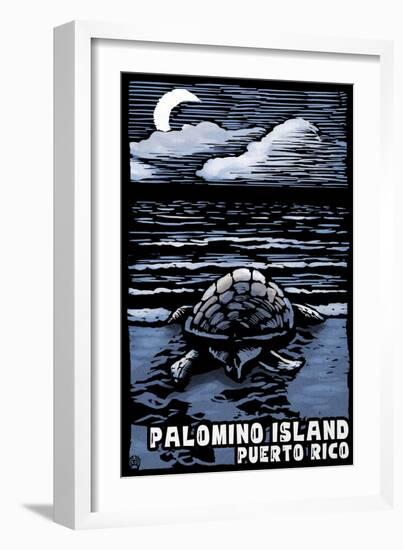 Palomino Island, Puerto Rico - Sea Turtle on Beach - Scratchboard-Lantern Press-Framed Art Print