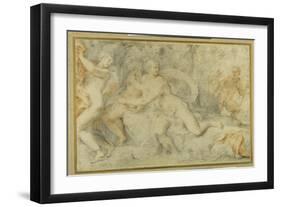 Pan and a Companion Surprise Three Nymphs Bathing-Pietro da Pietri-Framed Giclee Print