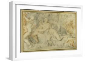 Pan and a Companion Surprise Three Nymphs Bathing-Pietro da Pietri-Framed Giclee Print