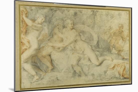 Pan and a Companion Surprise Three Nymphs Bathing-Pietro da Pietri-Mounted Giclee Print