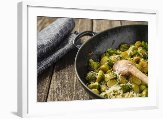 Pan-Fried Brussels Sprouts in Cast-Iron Frying Pan on Wooden Table-Jana Ihle-Framed Photographic Print