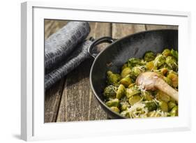 Pan-Fried Brussels Sprouts in Cast-Iron Frying Pan on Wooden Table-Jana Ihle-Framed Photographic Print