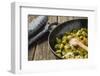 Pan-Fried Brussels Sprouts in Cast-Iron Frying Pan on Wooden Table-Jana Ihle-Framed Photographic Print