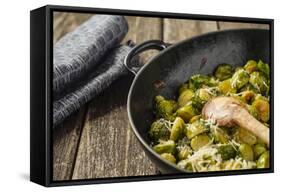 Pan-Fried Brussels Sprouts in Cast-Iron Frying Pan on Wooden Table-Jana Ihle-Framed Stretched Canvas