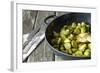 Pan-Fried Brussels Sprouts in Cast-Iron Frying Pan on Wooden Table-Jana Ihle-Framed Photographic Print