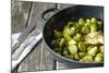 Pan-Fried Brussels Sprouts in Cast-Iron Frying Pan on Wooden Table-Jana Ihle-Mounted Photographic Print