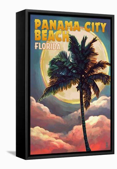 Panama City Beach, Florida - Palm and Moon-Lantern Press-Framed Stretched Canvas