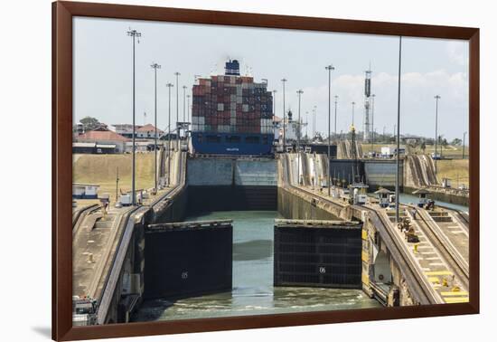 Panamax-sized container ship goiing up through Gatun Locks on Panama Canal, Panama, Central America-Tony Waltham-Framed Photographic Print