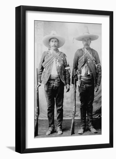 Pancho Villa's Men Urbino and Iluarte Stand at Attention with Rifles, Bandoliers and Pistols-null-Framed Art Print