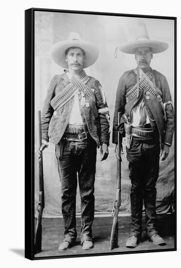 Pancho Villa's Men Urbino and Iluarte Stand at Attention with Rifles, Bandoliers and Pistols-null-Framed Stretched Canvas