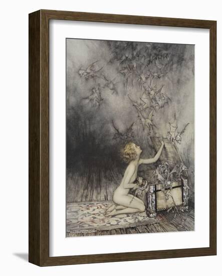 Pandora Opening a Box, From Which Flies Bats-Arthur Rackham-Framed Giclee Print