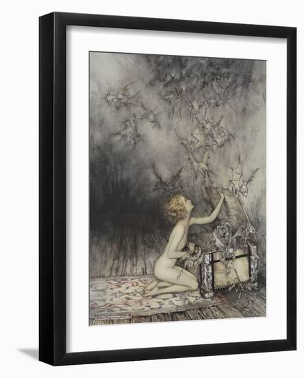 Pandora Opening a Box, From Which Flies Bats-Arthur Rackham-Framed Giclee Print