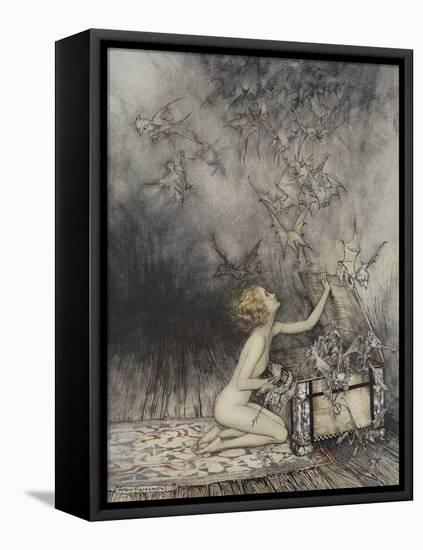 Pandora Opening a Box, From Which Flies Bats-Arthur Rackham-Framed Stretched Canvas