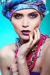 A Photo of Beautiful Girl in a Head-Dress from the Coloured Fabric,On a Blue Background Glamour-Pandorabox-Photographic Print