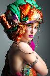 A Photo of Beautiful Redheaded Girl in a Head-Dress from the Coloured Fabric, Glamour-Pandorabox-Photographic Print