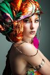 A Photo of Beautiful Girl in a Head-Dress from the Coloured Fabric,On a Blue Background Glamour-Pandorabox-Photographic Print