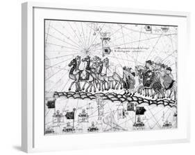 Panel 4 Caravans Crossing the Urals on the Way to Cathay, from the Catalan Atlas of Charles V-Abraham Cresques-Framed Giclee Print