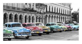 Cars parked in line, Havana, Cuba-Pangea Images-Stretched Canvas