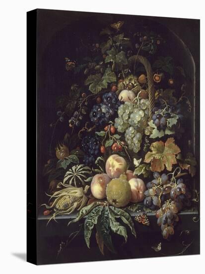 Panier de fleurs, fruits et insectes dans une niche-Abraham Mignon-Stretched Canvas