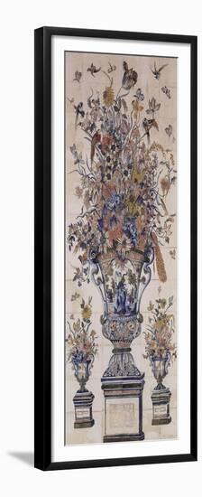 Panneau composé de 108 carreaux (tegeltableau); grand vase Médicis posé sur un piédestal garni-null-Framed Premium Giclee Print