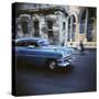Panned Shot of an Old Blue American Car, Havana, Cuba, West Indies, Central America-Lee Frost-Stretched Canvas