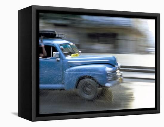 Panned Shot of Old American Car Splashing Through Puddle on Prado, Havana, Cuba, West Indies-Lee Frost-Framed Stretched Canvas