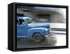 Panned Shot of Old American Car Splashing Through Puddle on Prado, Havana, Cuba, West Indies-Lee Frost-Framed Stretched Canvas