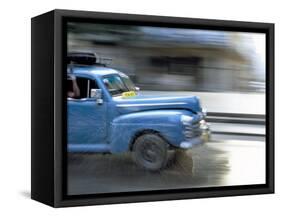Panned Shot of Old American Car Splashing Through Puddle on Prado, Havana, Cuba, West Indies-Lee Frost-Framed Stretched Canvas