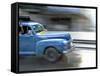 Panned Shot of Old American Car Splashing Through Puddle on Prado, Havana, Cuba, West Indies-Lee Frost-Framed Stretched Canvas