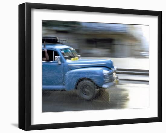 Panned Shot of Old American Car Splashing Through Puddle on Prado, Havana, Cuba, West Indies-Lee Frost-Framed Photographic Print