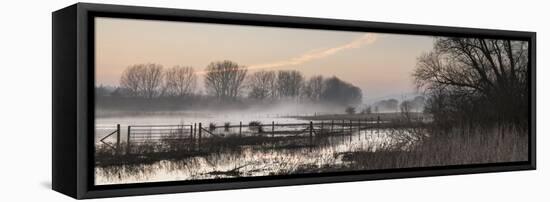 Panorama Landscape of Lake in Mist with Sun Glow at Sunrise-Veneratio-Framed Stretched Canvas