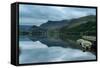 Panorama Landscape Rowing Boats on Lake with Jetty against Mountain Background-Veneratio-Framed Stretched Canvas