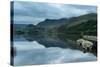 Panorama Landscape Rowing Boats on Lake with Jetty against Mountain Background-Veneratio-Stretched Canvas