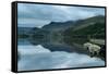 Panorama Landscape Rowing Boats on Lake with Jetty against Mountain Background-Veneratio-Framed Stretched Canvas