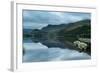 Panorama Landscape Rowing Boats on Lake with Jetty against Mountain Background-Veneratio-Framed Photographic Print